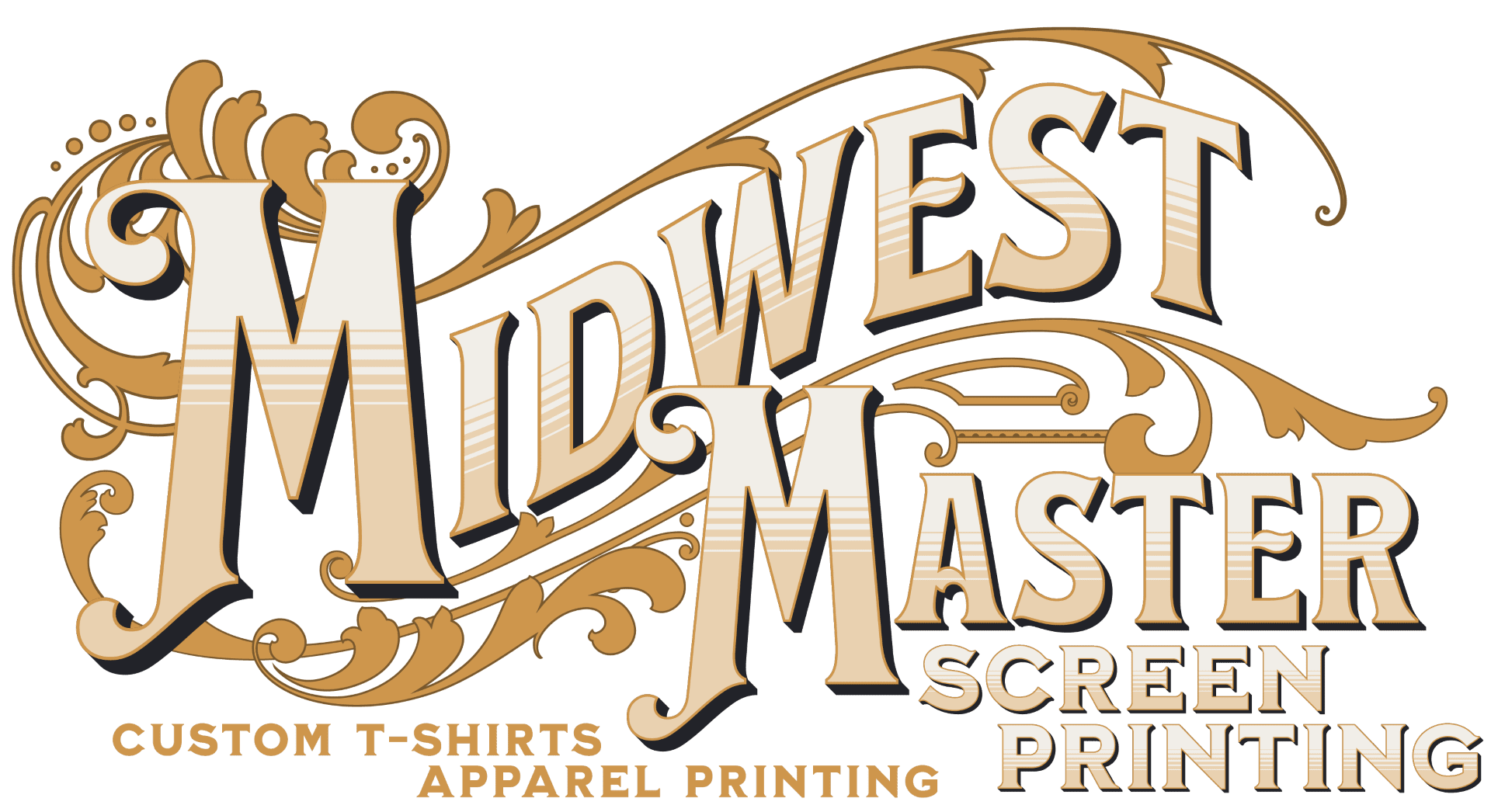 A logo for the midwest masters screen printing.