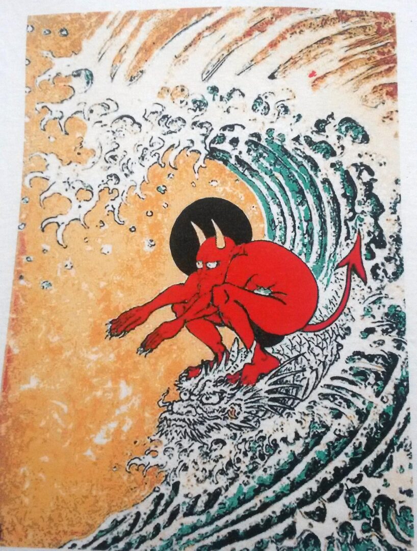 A red devil riding the waves on a surfboard.