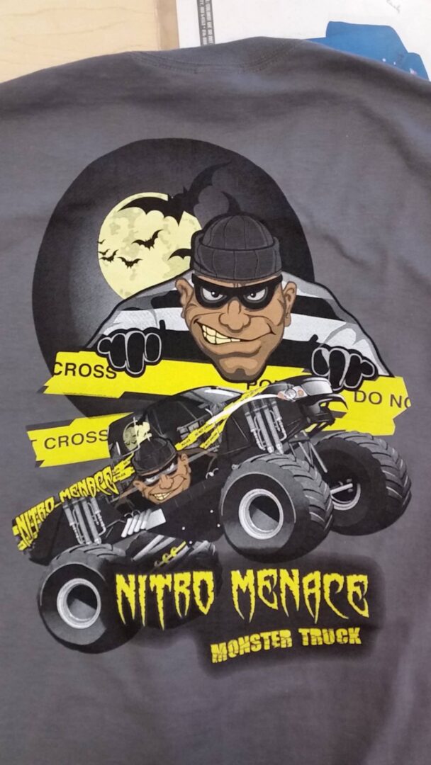 Nitro Menace Monster Truck art printed on a shirt  