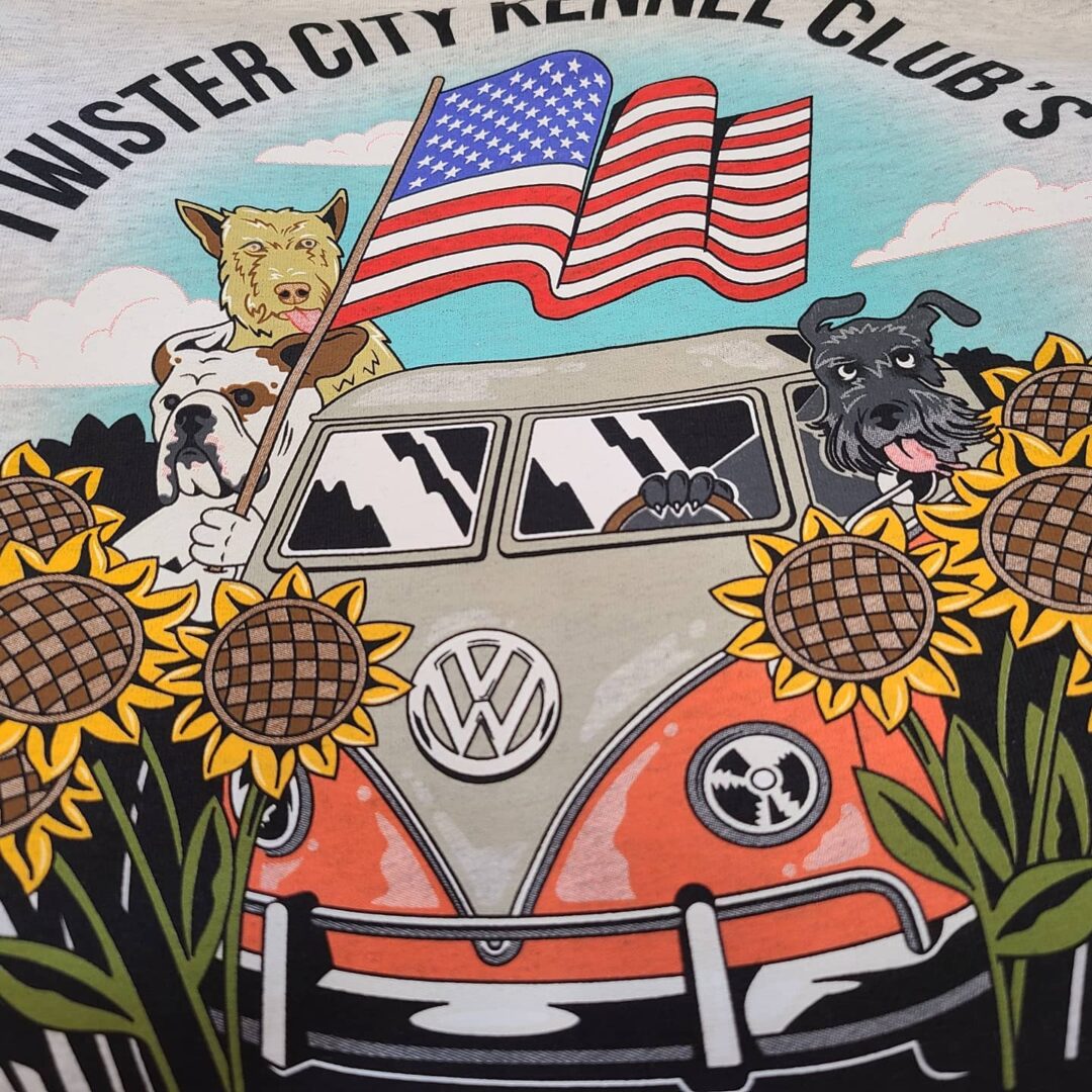 A painting of a vw bus with sunflowers in the background.